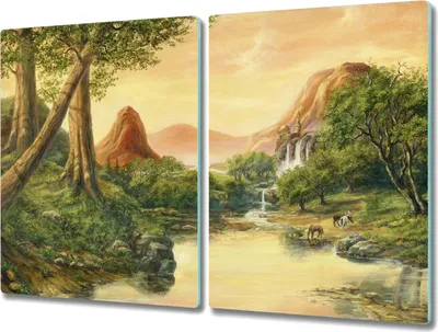 Produktbild von Coloray Herdabdeckplatte 2x40x52 cm Schneidebrett Kochplattenabdeckung Küchenbrett Hackbrett - Fantasielandschaft Baum nach oben