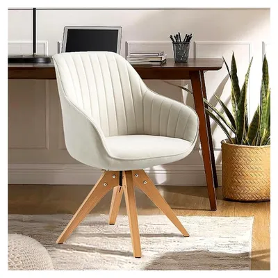 Produktbild von Drehbare Esszimmerstühle Beige - Samtstuhl mit Armlehnen und Holzbeinen
