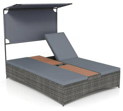Image de COSTWAY Transat de jardin pour 2 personnes, transat double en polyrotin avec auvent, dossiers réglables, coussin, table centrale et porte-boissons, lit de détente