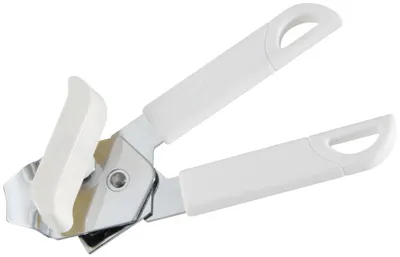 Imagen del producto de Abrelatas Fackelmann, práctico abrelatas de conservas con parte funcional cromada, y mango ergonómico (color: blanco/plateado)