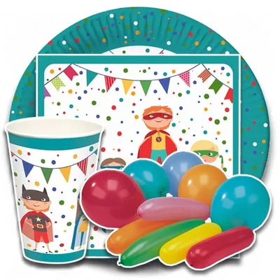 Produktbild von tradingbay24 Party-Set Superhelden (80-teilig: Servietten, Teller, Becher, Luftballons) tbK0051 Superheroes Einweg-Party-Set Party-Deko-Set für Jungen