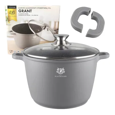 A gray pot with a glass lid and two gray handles, next to its packaging.