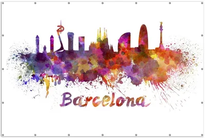 Produktbild von Wallario XXL Outdoor-Poster für Garten oder Balkon, Motiv Städte als Aquarell - Skyline von Barcelona, in ca. 300 x 200 cm