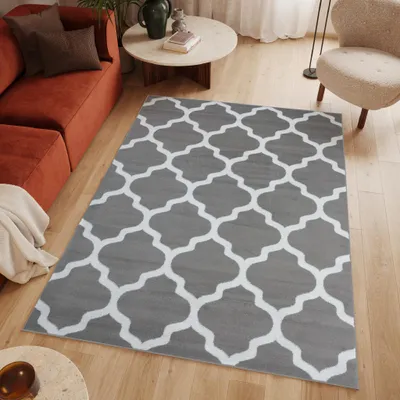 A modern living room with a sofa, coffee table, and a rug.