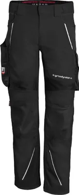 A pair of black work pants with tool pockets and reflective accents.