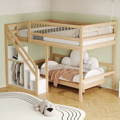 A wooden bunk bed with a lower bed, stairs, and storage shelves, set in a child's room with a rug and stuffed animal.