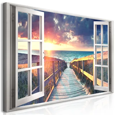 Immagine prodotto di Murale mega XXXL vista finestra 250x125 cm pezzo unico formato XXL stampa d'arte per auto montaggio tela quadri moderni quadri fai da te decorazione murale casa decorazione mare tramonto c-C-0299-ak-e