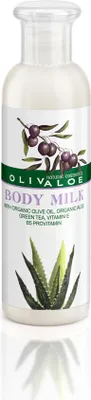 Produktbild von OLIVALOE Körpermilch 200 ml Naturkosmetik für trockene Haut – Feuchtigkeitspflege & Hautschutz. Mit Bio-Aloe Vera, Bio-Olivenöl, Grünem Tee, Sheabutter, Vitamin E & B5. Tierversuchsfrei, ohne Mineralöl, Vaseline, Propylenglykol, Silikon, Parabene.
