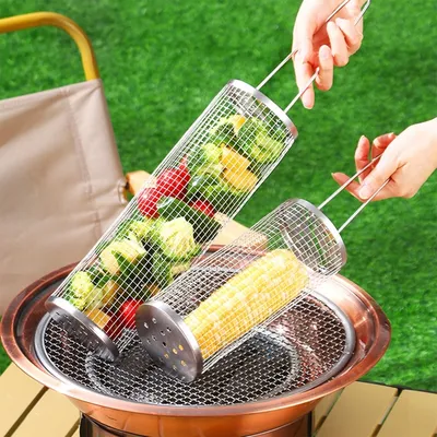 Produktbild von winterbeauty Edelstahl Grillnetzrohr zylindrisch, 20.4CM, mit Griff & Rollfunktion, abgerundete Kanten, vorbeladbar für Außengrill & Gemüse, Silber