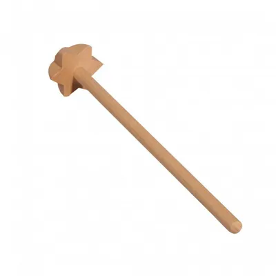 A wooden whisk with a star-shaped head on a white background.