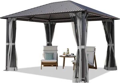 Produktbild von TOOLPORT Gartenpavillon 3x3,65 m Stahl-Dach mit Moskitonetzen und Seitenteilen in grau