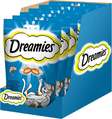 A display box filled with multiple packages of Dreamies cat treats.
