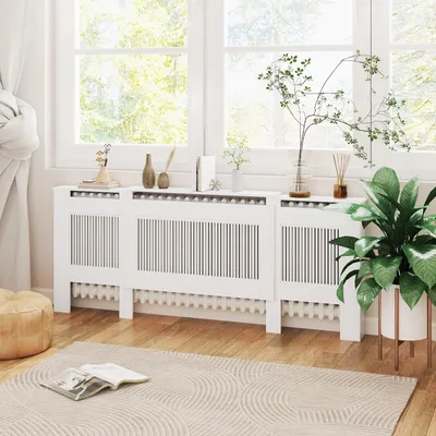 Produktbild von Heizkörperverkleidung verstellbar 125-201 cm, Heizungsabdeckung Lamellendesign, MDF Spanplatte, Weiß | 201x19x81,5 cm | 16 kg | Kippschutz