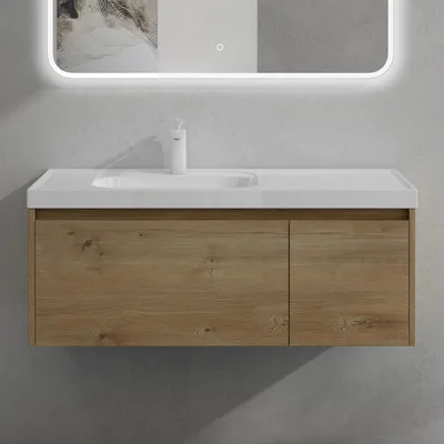 Immagine prodotto di doporro Mobile Bagno Sospeso 100cm, Mobile da Bagno con Cassetto Include Lavabo Bianco Salerno F156, Marrone Chiaro