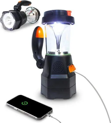 Obrázek produktu pro LED kempingová lampa s SOS alarmem – dobíjecí přes USB a ruční kliku – přenosná – s dynamem – powerbanka pro případ nouze.