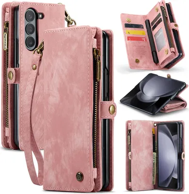Produktbild von Hülle für Samsung Galaxy Z Fold 5 Vintage Multifunktions Lederhülle, Kartenfächer, Reißverschluss Schutzhülle Pink