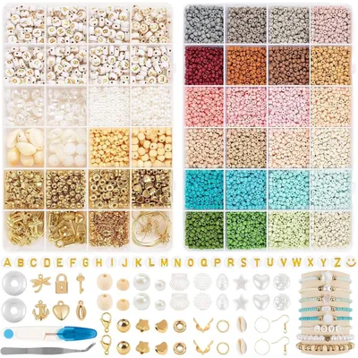 Produktbild von Glasperlen Set 3mm Boho Stil 24 Farben DIY Schmuckherstellung Kit mit Holz- und Buchstabenperlen