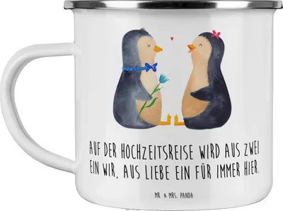 Produktbild von Mr. & Mrs. Panda Teetasse Hochzeitsreise Ewige Liebe - Weiß - Geschenk, Kaffeepott, Geschenke, Pott, Andenken, Emaille Tasse, frisch verheiratet, Teebecher, Magie, Haferl