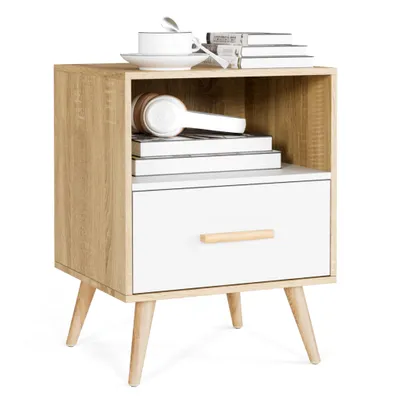 Image de Mondeer Table de chevet avec 1 tiroir et 1 compartiment ouvert Table d'appoint 40x30x51cm chêne+blanc