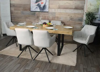 Productafbeelding van Set van 6 eetkamerstoelen HWC-L80, keukenstoel, gestoffeerde stoel, stoel met armleuningen, draaibaar, metaal, stof/textiel, crème-beige