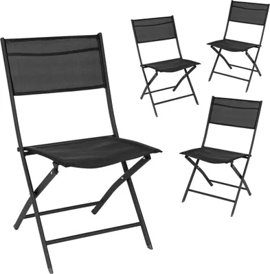 A collage of four black folding chairs.