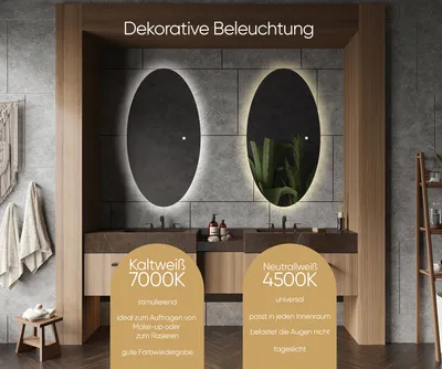 Produktbild von Badspiegel 50x70 cm - Vertikal mit LED Beleuchtung - LED Farbe Neutrallweiß 4500K - TEL108 - Individuell Nach Maß - Beleuchtet Wandspiegel Lichtspiegel Badezimmerspiegel