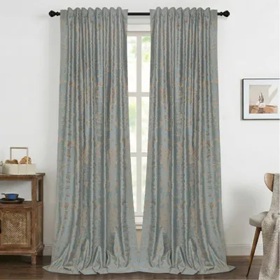 Produktbild von 2er Set Samt Vorhänge mit Kräuselband Vorhang Verdunkelung Golden Bedruckte Gardinen Wohnzimmer Schlafzimmer, B132xH213cm, Graugrün