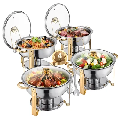 Zdjęcie produktu dla Zestaw 4 sztuk naczyni chafing dish ze stali nierdzewnej, z szklanym pokrywką, kolor złoty
