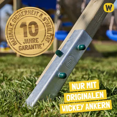 Close-up of a wooden playground structure's metal anchor in the grass, with marketing text overlays.