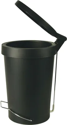 A black pedal bin with its lid open, shown against a white background.