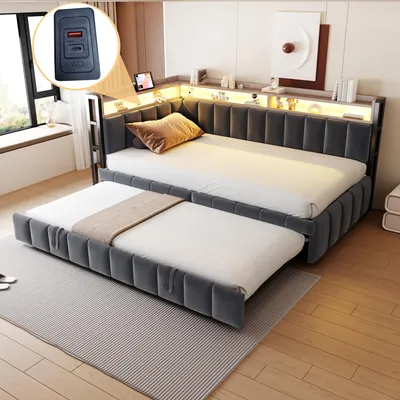 Produktbild von okwish Jugendbett 90x200 Schlafsofa ohne Matratze,Bettgestell mit Ausziehbett und LED-Beleuchtung,Kinderbett Daybett mit mit USB- und Typ-C-Anschlüssen,Dunkelgrau