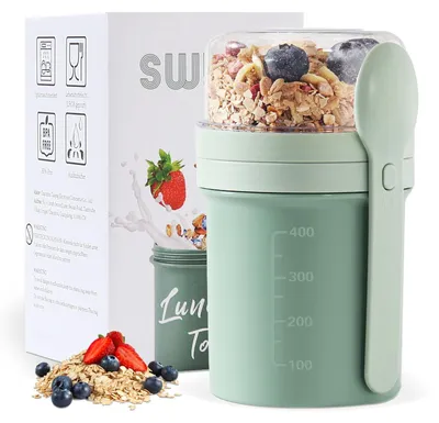 Productafbeelding van Muesli-beker voor onderweg - Lekdichte yoghurtbeker met lepel - Geschikt voor muesli en yoghurt - Groen - 450 ml + 250 ml