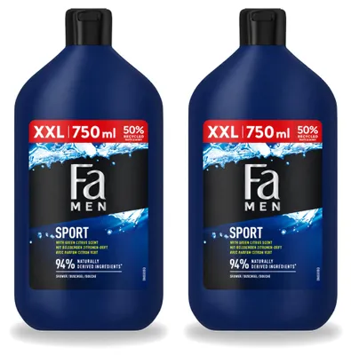 Image de 2 gels douche Fa Men Sport, parfum agrume vert, 750 ml, lot de 2