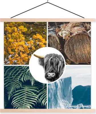 Produktbild von MuchoWow® Textilposter Schottische Hochlandrind - Collage - Pflanzen - Baum 60x60 cm mit holzfarbenen Rahmen - Wanddekoration