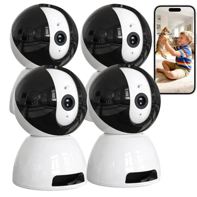Image de Caméra de surveillance d'intérieur 6 MP QHD 360° - Caméra pour chien et babyphone - Suivi automatique - Audio bidirectionnel - Détection de mouvement - Vision nocturne - Lot de 4