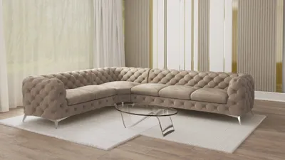 Produktbild von S-STYLE MÖBEL - Chesterfield Ecksofa Cleo mit Silber Metall Füßen aus Dunkle Creme Samtstoff, Ottomane links, B/T/H: 323 cm/ 264 cm/ 75 cm