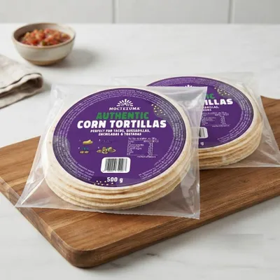 Obrázek produktu pro Bílé kukuřičné tortilly – 12 cm. Autentické bílé kukuřičné tortilly vyrobené z tradiční kukuřičné mouky nabízejí jemnou texturu a vynikající chuť, ideální pro
