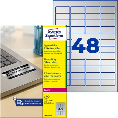 Produktbild von Avery Zweckform L6009-100, Typenschild-Etiketten, A4, 45,7 x 21,2 mm, 4.800 Etiketten / 100 Bögen, silber