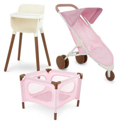 Productafbeelding van LullaBaby poppenhuis-speelset met kinderstoel en buggy, roze