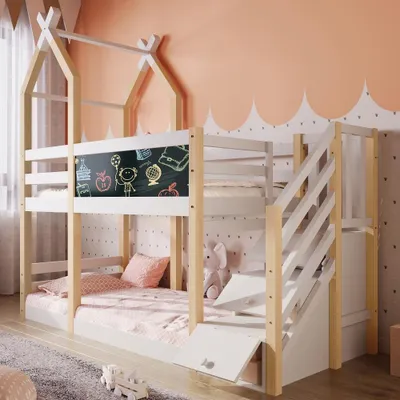 Productafbeelding van Stapelbed 90x200 cm, kinderbed in boomhuisstijl, gemaakt van massief grenenhout en MDF, met een whiteboard, een trap met opbergruimte, lades en een valbeveiliging
