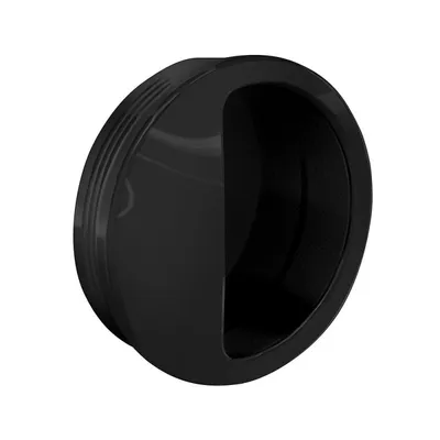 A black, round shell handle is shown against a white background.