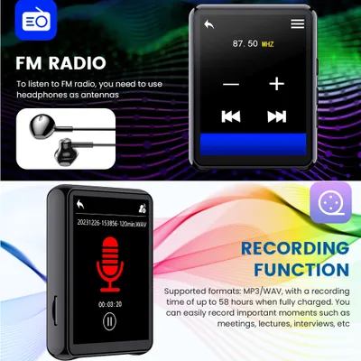 Zdjęcie produktu dla odtwarzacz MP3 32 GB Bluetooth 5.0 z głośnikiem ▏Radio FM ▏Dyktafon ▏Czytnik e-booków ▏Budzik ▏Z słuchawkami ▏Pełny ekran dotykowy 2,4″ ▏Różowy