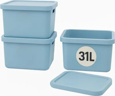 Produktbild von Plastard Boxen 31 L, 3er-Set, stapelbar, BPA-frei, Blau, mit Deckel