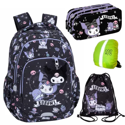 Produktbild von Goldkids Schulranzen für Jungen und Mädchen, 4er-Set -Schul-Rucksack für Kinder, mit Schlampermäppchen, Schuhbeutel, Regenschutz - Kuromi Motiv