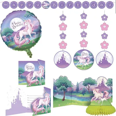 Produktbild von Fantasy Einhorn Party Deko zum Geburtstag / Kindergeburtstag lila Partyset