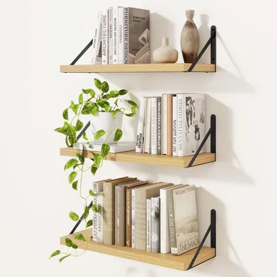 Produktbild von 3er-Set Wandregale, Wandbücherregal, Wandregal aus Holz, schwebendes Regal für Wohnzimmer, Schlafzimmer, Küche, Badezimmer und Arbeitszimmer, 40 x 15 cm, beige