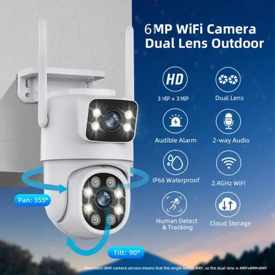 Produktbild von Tuya 6MP Weitwinkel-WLAN-Kamera mit Graffiti-Schutz HD-?berwachungskamera mit zwei Objektiven, kabellos, fš¹r den Au?enbereich, ohne Karte