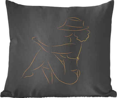 Produktbild von MuchoWow® Zierkissen Sofakissen Wohnzimmer Dekokissen 40x40 cm Frau - Hut - Schwarz und Gold - Strichzeichnung - Foto Kissen - Schlafzimmer Dekoration
