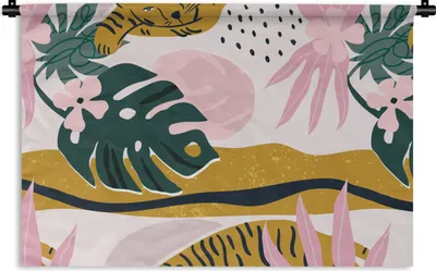 Produktbild von MuchoWow® Wandteppich Wandbehang Tiger - Pflanzen - Dschungel - Muster 150x100 cm Tapisserie Dekoration Wandtuch - Waschbar - Tapisserien - Wand-Decke