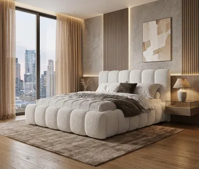 Produktbild von Polsterbett mit Bettkasten TOKIO 2 - Boucle / Lambi 1 Weiss / Schlaffläche 140 cm x 200 cm / Metallrahmen / Bett mit gepolstertem Kopfteil, KI-generiertes Bild